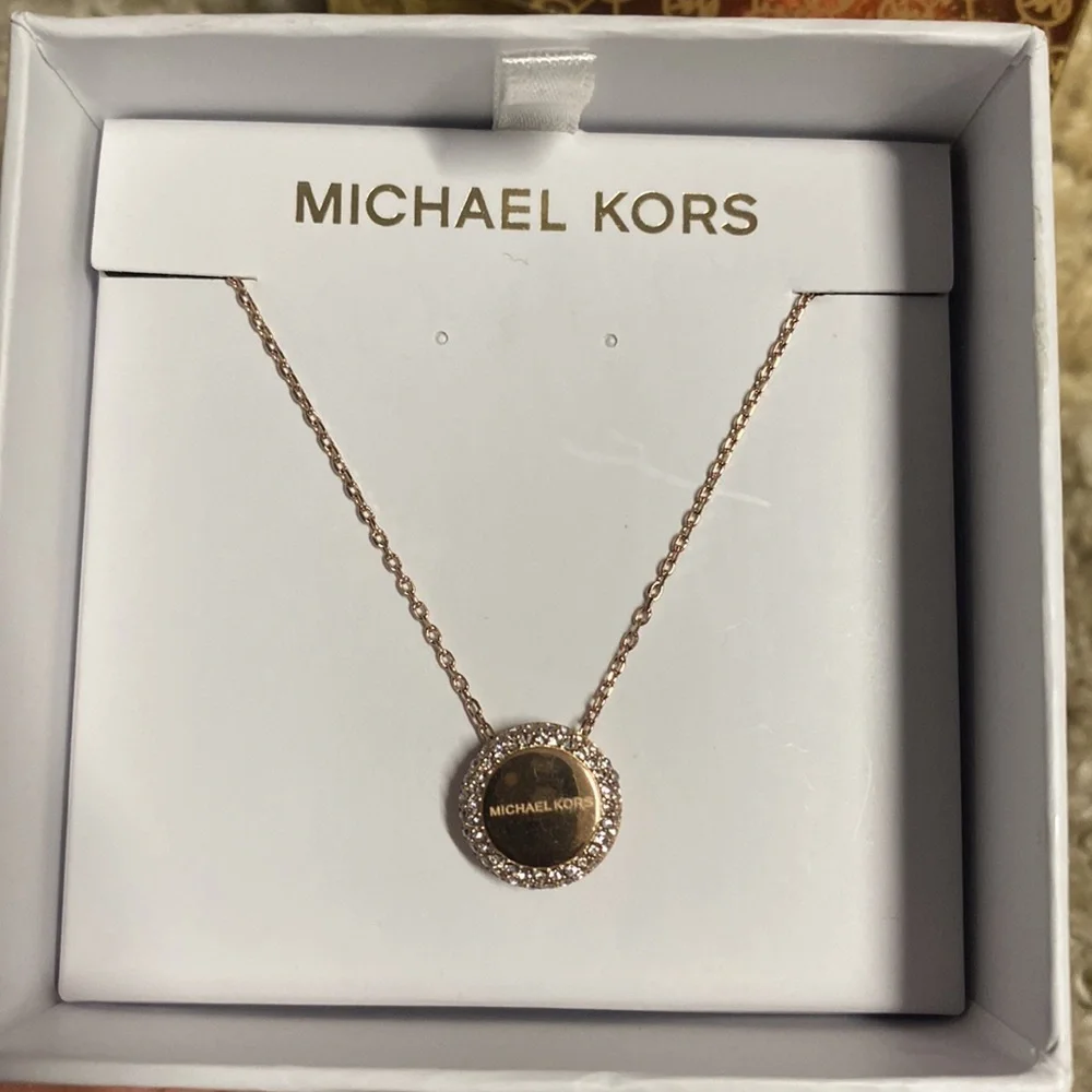 Michael Kors Rose Gold Crystal Halo Disc Pendant Necklace 18” Logo Charm